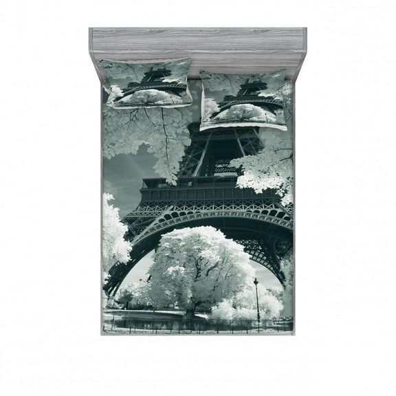 Ambesonne Black and White Fitted Sheet & Pillow Sham Set, Eiffel Tower View, Queen, Blue Grey