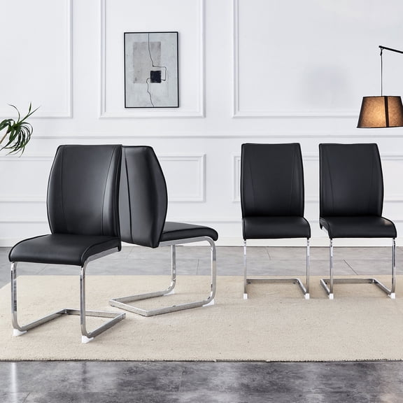 Dining Chairs Luxury Simple Arch Chair - Set of 4 Black PU Material High Resilience Dining Chair with Arched Metal Silver Leg.,Fabric Dining Chairs