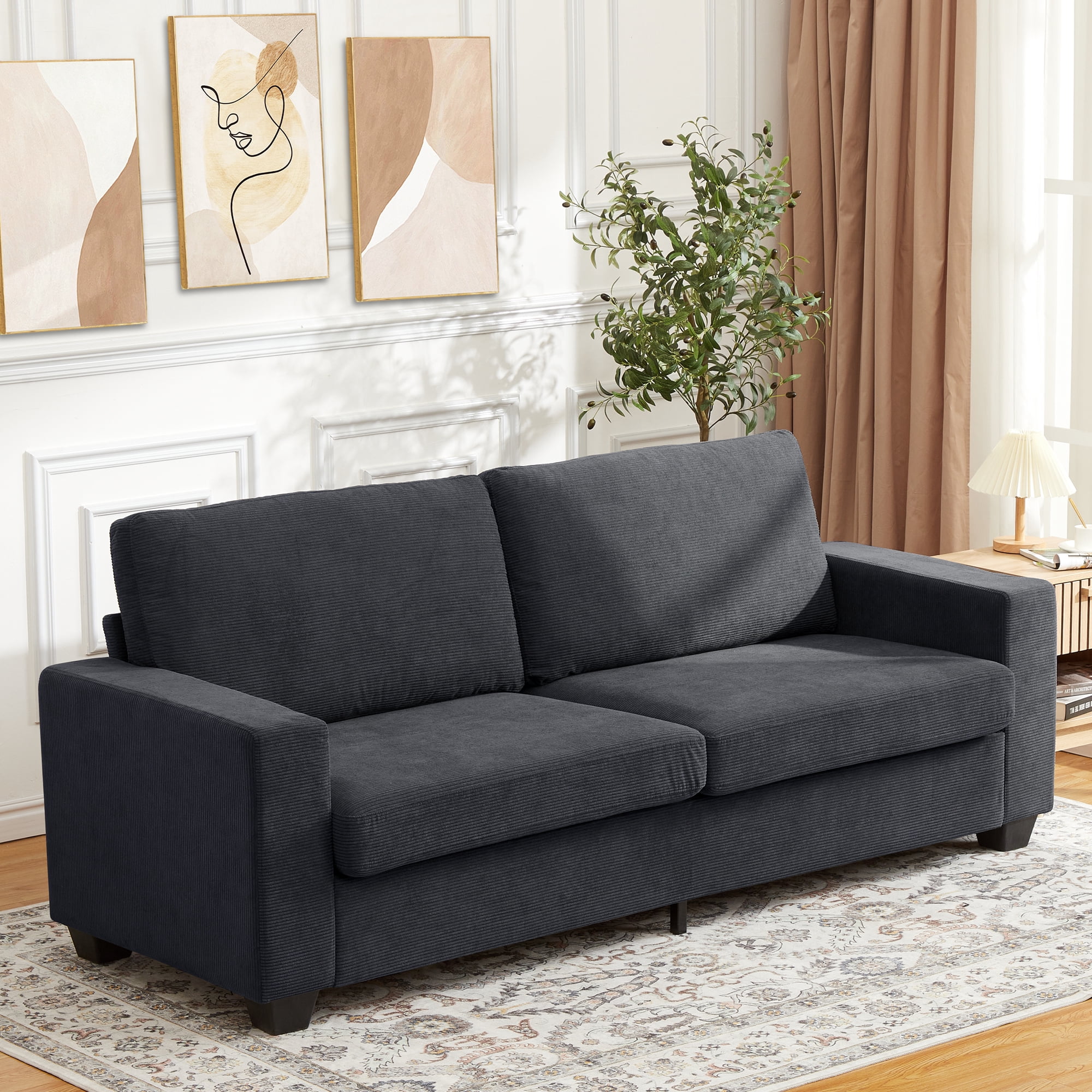 Kicctian 83" Wide 3-Seater Corduroy Couch with Deep Seat, Modern Sofa with Washable Covers and Wide Armrests, Comfortable Loveseat for Living Room, Bedroom, Office or Small Spaces,Grey