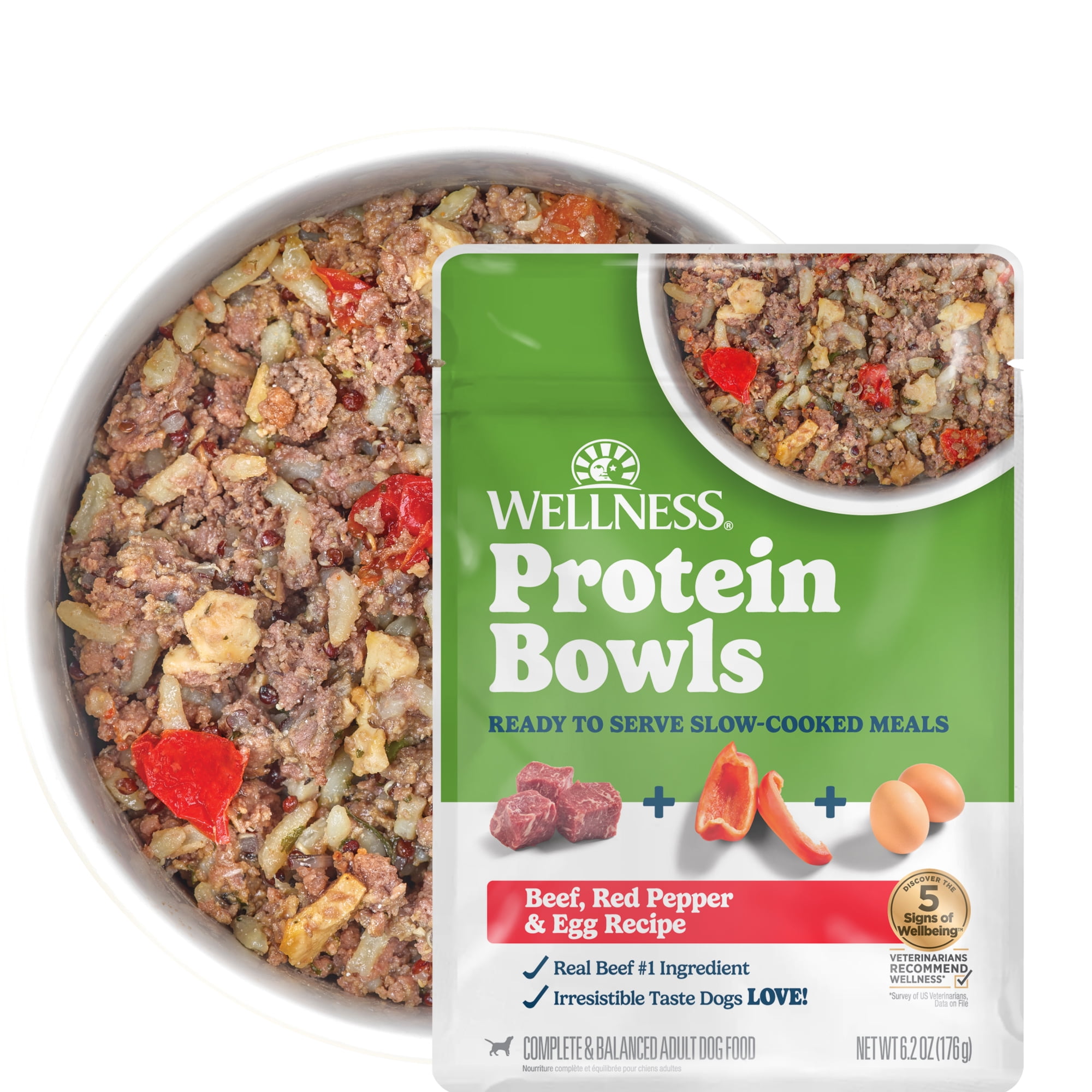 Wellness Protein Bowls, Adult Fresh Alternative Dog Food, Wholesome Grains, 6.2 Ounce Pouch, 6 Pack, (Beef, Red Pepper & Egg Recipe)