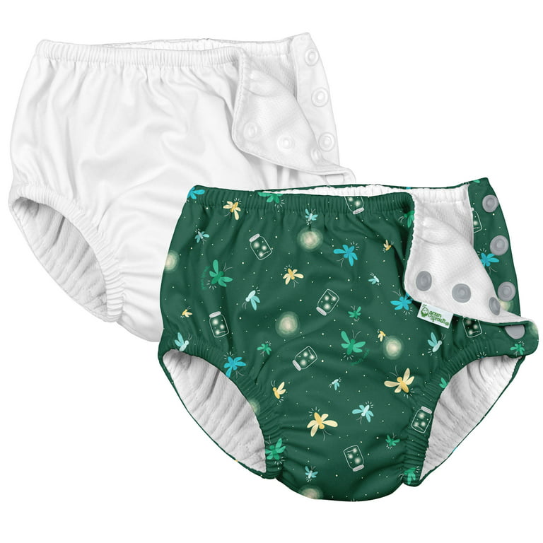 i Play (2 Pack) Boys Reusable Absorbent Baby Swim Diapers - Swimming Suit  Bottom | No Other Diaper Necessary Dark Green Fireflies and White 6 Months