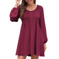 thumbnail image 3 of Vestido Corto Informal de Mujer con Cuello Redondo Fruncido, Botones, Larga y Cintura Entallada Rojo XL, 3 of 9