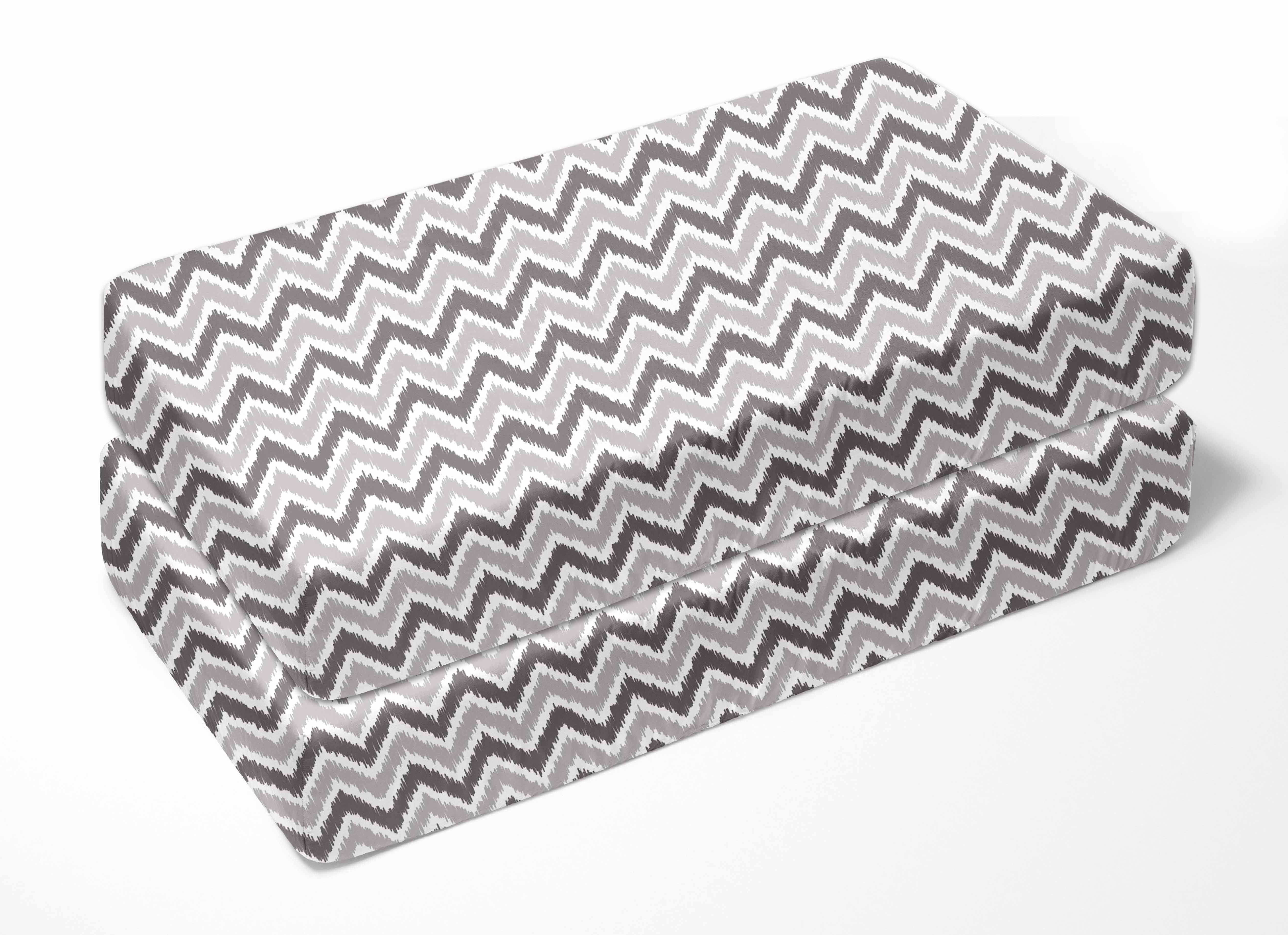 Bacati - Ikat Crib/Toddler Bed Fitted Sheets 100% Cotton Muslin 2 Pack, Zigzag Grey