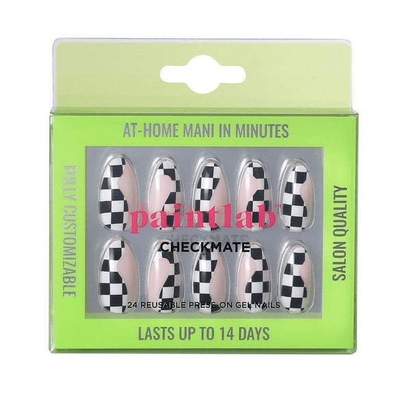 PaintLab Checkmate Reusable Press-on Gel Nails Kit, Almond Shape, Checkered, 24 Count