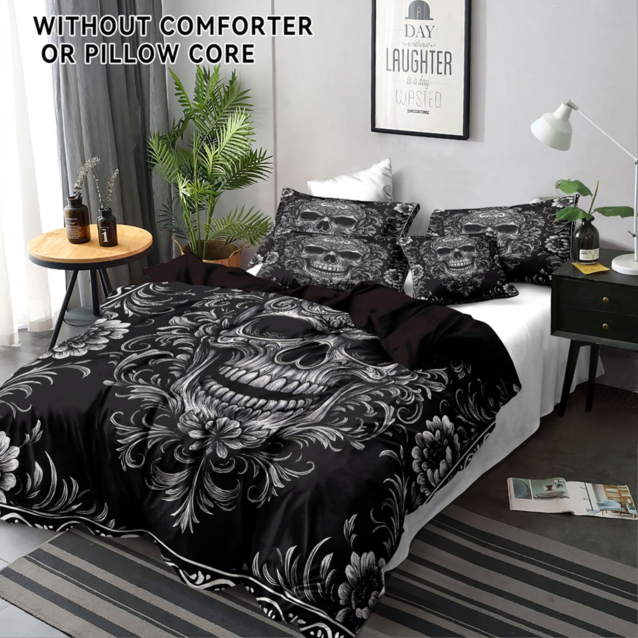 Orylavena Gothic Romantic Skull Microfiber Duvet Cover Set, Black Back, Twin
