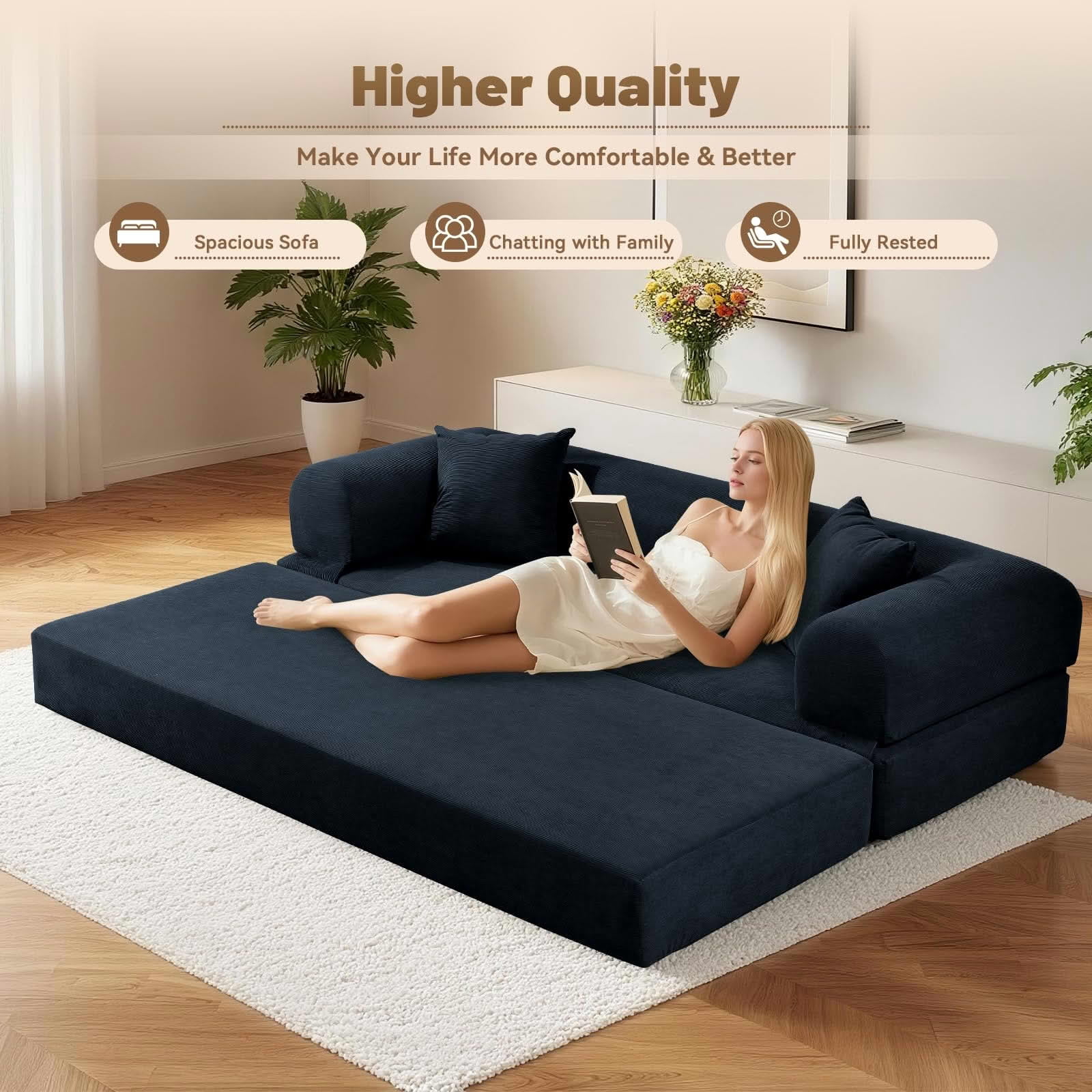 MAYEERTY 80" Dark Blue Corduroy Convertible Sofa Bed, 600lbs Queen Size Fold Out Sleeper Couch with Storage & No Assembly for Living Room