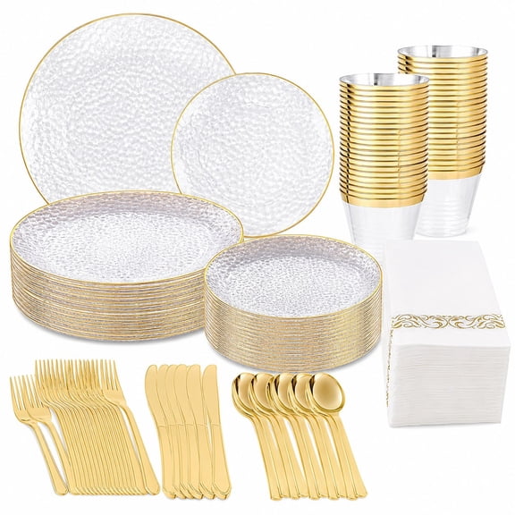 Party-use clear gold plastic dinnerware set: hammered finish plates, gold silverware, napkins, cups175PCS disposable set for celebrations