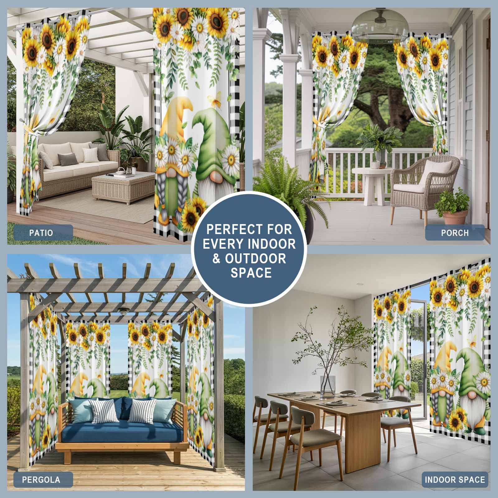 1 Panel Outdoor Curtains for Patio Waterproof 54"x108" Sunflower Gnomes Weatherproof Privacy Outsides Curtains, Spring Farmhouse Country Daisy Leaf Plaid Grommet Thermal Drapes for Cabana Porch