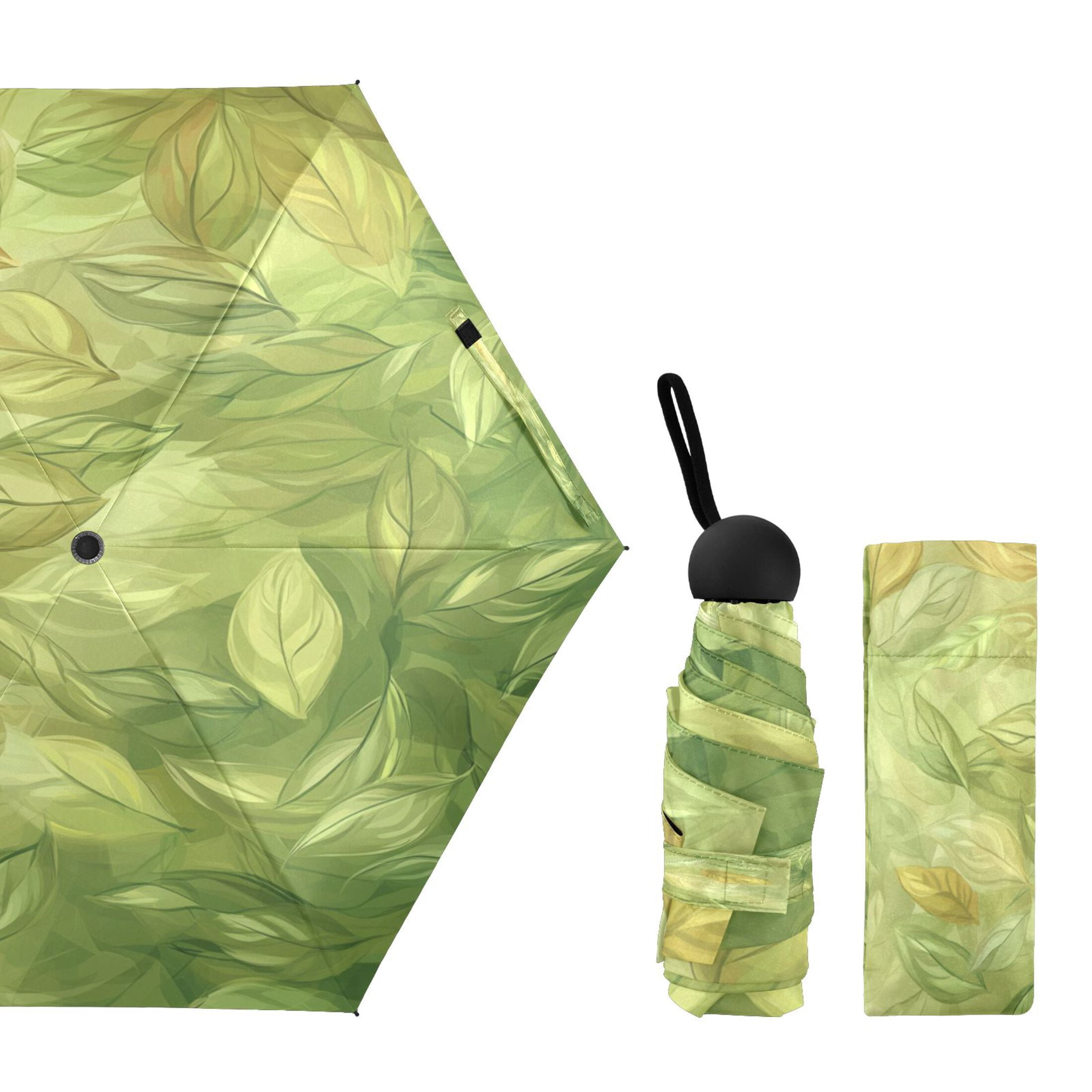 Spring Leaf Pattern Umbrellas for Sun Auto Open Close UV50+ Waterproof 5-Fold Compact Fiberglass Frame