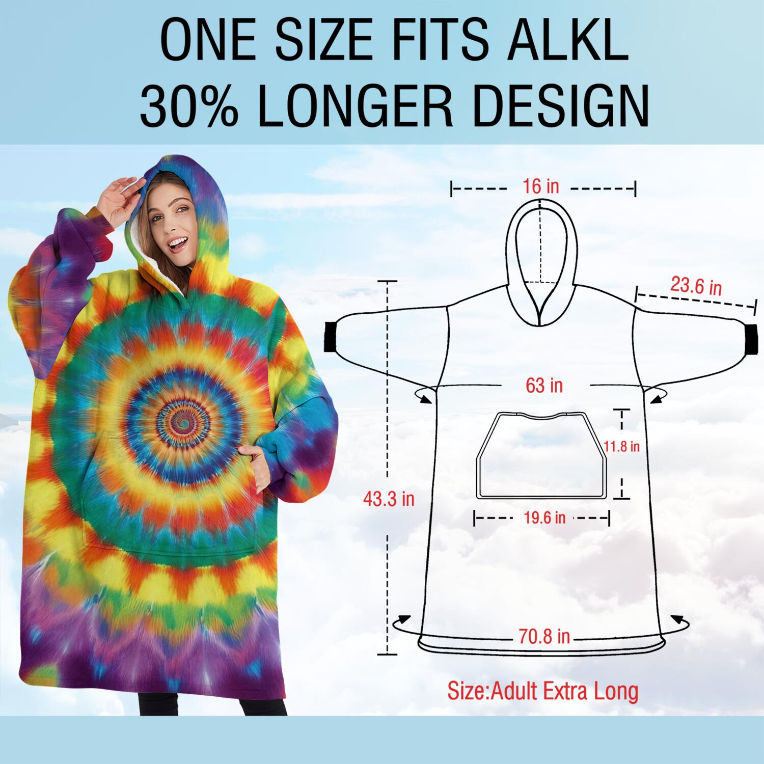 Oversized Wearable Blanket Hoodie,Colorful Rainbow Tie Dye Spiral Pattern Sherpa Blanket Hoodie with Super Pockets,Super Warm Fuzzy Pullover for Women & Men