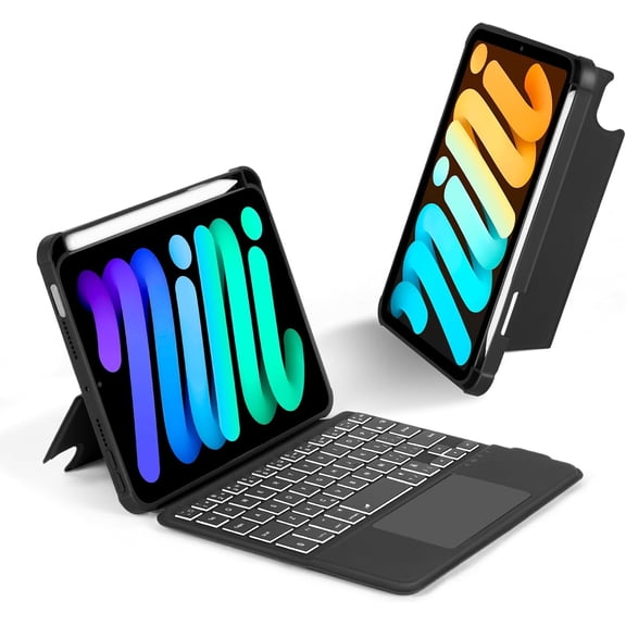 7 Color Backlit Wireless Keyboard with Built-in Trackpad, Detachable Magnetic Multi-Angle Tablet Cover for iPad mini 6th & 7th Generation，Black