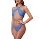 thumbnail image 4 of INSPIRAR CHIC Conjuntos de Bikini de Punto Acanalado para Mujeres de Dos Piezas, Top con Tiras y Parte Inferior en Triángulo, Trajes de Baño, Pequeño, Azul, 4 of 5
