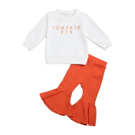 

Baby Girl Fall Winter Clothes Set Funny Toddler Pumpkin Pie Print Long Sleeve Tops and Cute Bell Bottoms Pants Set