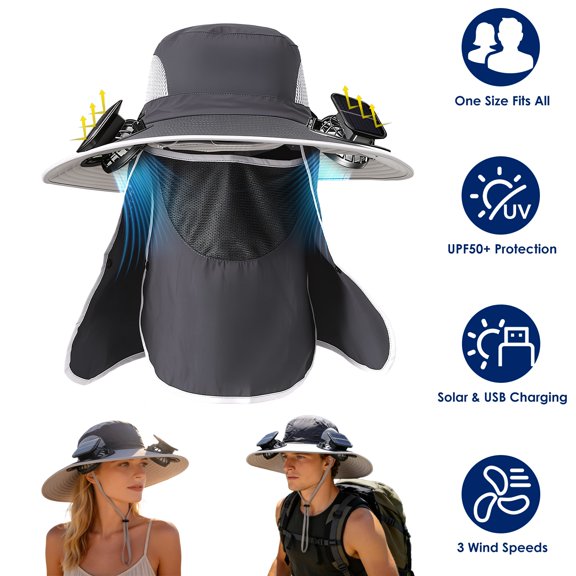 Imountek 2 in 1 Solar Cooling Fan Hat UPF50 UV Protection Wide Brim Sun Fan Hat with Face Cover Neck Flap for Gardening Outdoor Work