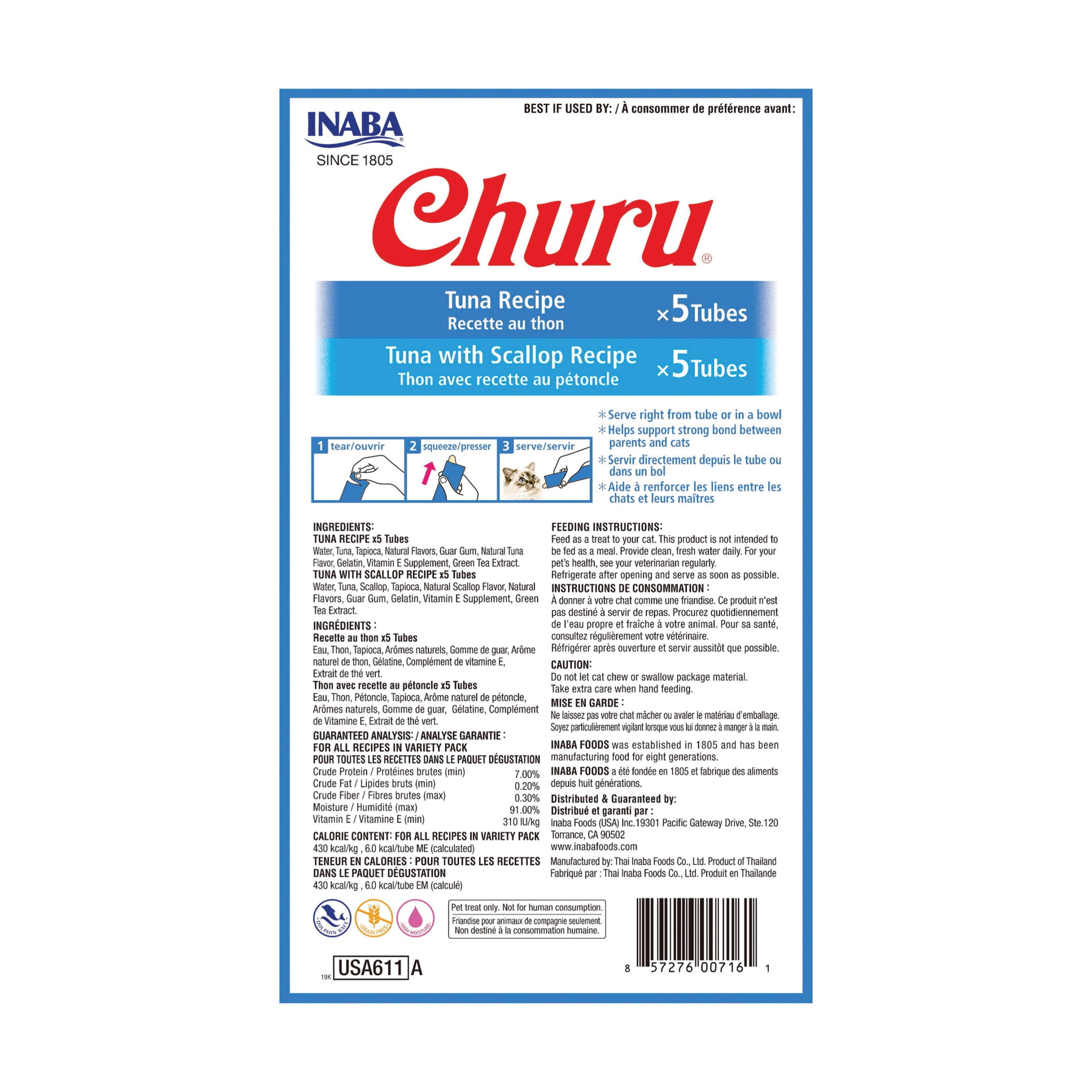 INABA Churu Creamy, Lickable Wet Cat Treat with Taurine, 0.5 oz, 10 Tubes (2 Flavors), Tuna Variety