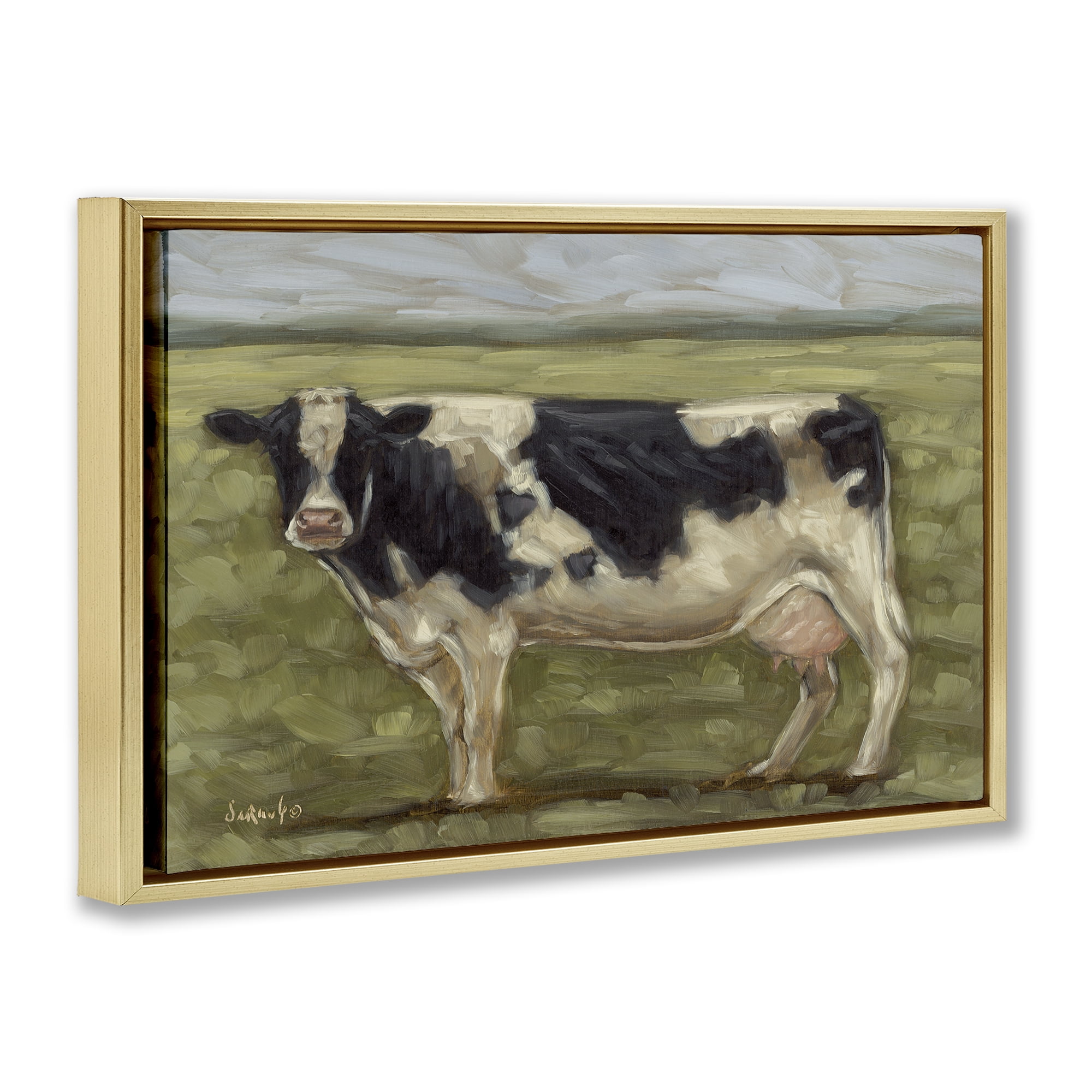 Stupell Industries Painterly Cow on Farm Animals Painting Gold Floater Framed Canvas Art Print Wall Art, 31 x 21