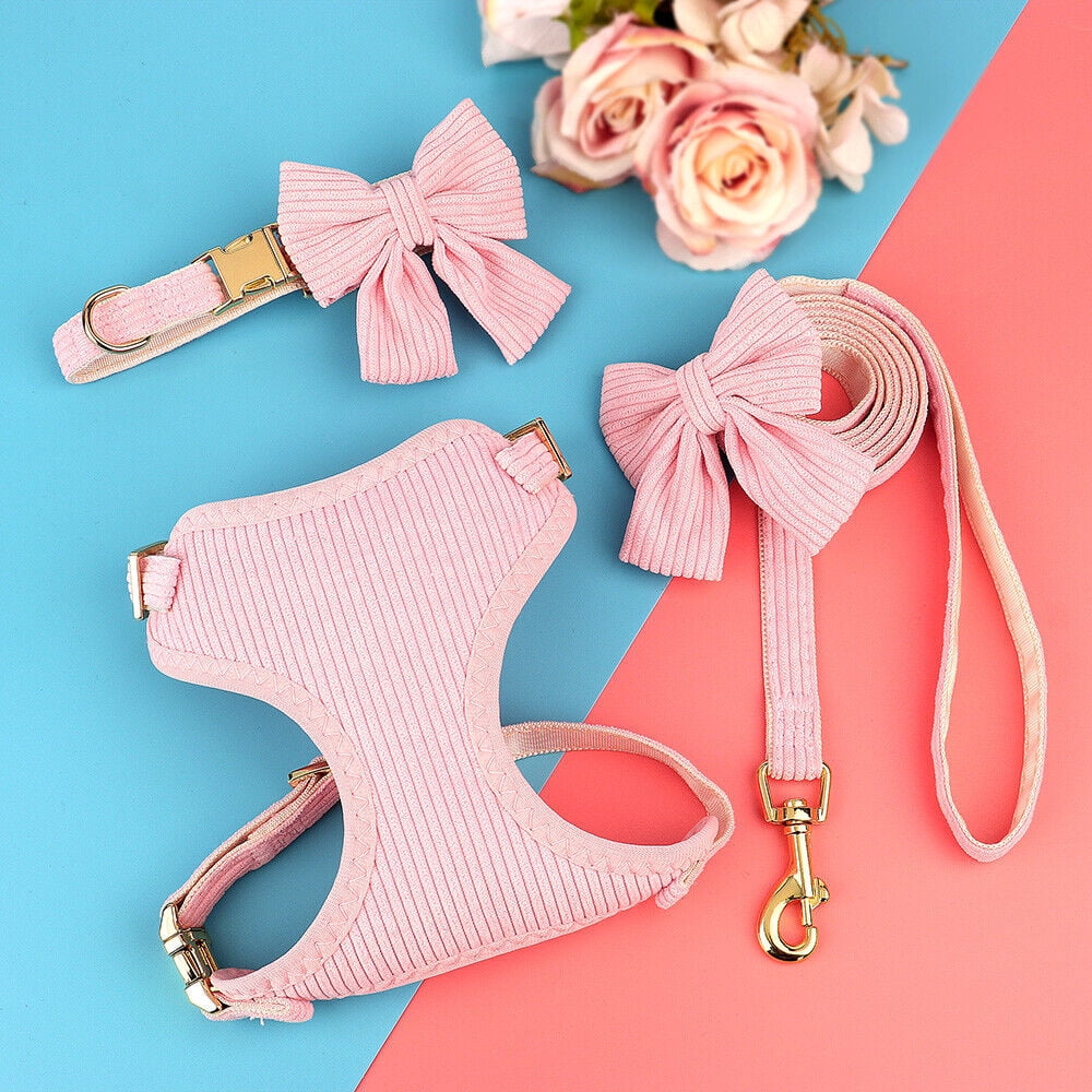 Didog Cute Bowknot Dog Collar and Soft Walking Harness and 5ft Leash set for Extra Small and Small Breeds Shih Tzu Yorkshire