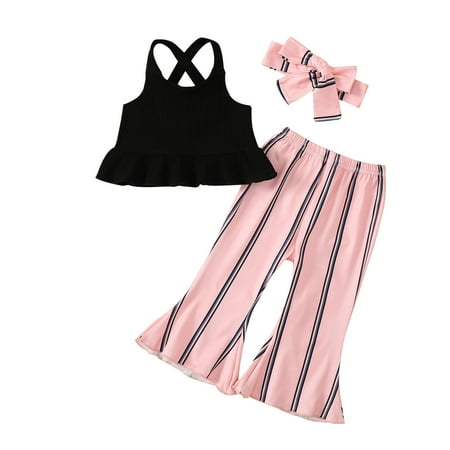 

Infant Girl Clothes Solid Sleeveless Vest Tops Stripe Print Trumpet Long Pants Hairband Outfits Clothing Set
