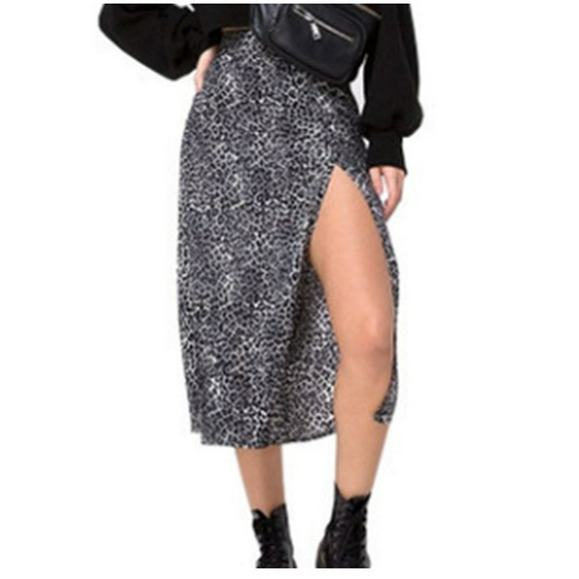 Women Leopard Print Split Midi Skirt Fashion High Waist Slim Skirt