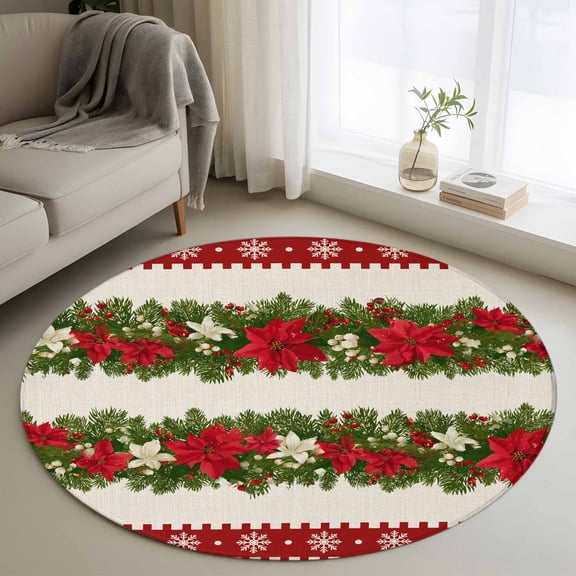 Christmas Poinsettia Round Rug 3ft Washable Circle Entryway Rugs Non Slip Red Green Botanical Xmas Snowflake Area Rug Indoor Floor Carpet for Bedroom Kitchen Living Room Office Dining Room Nursery