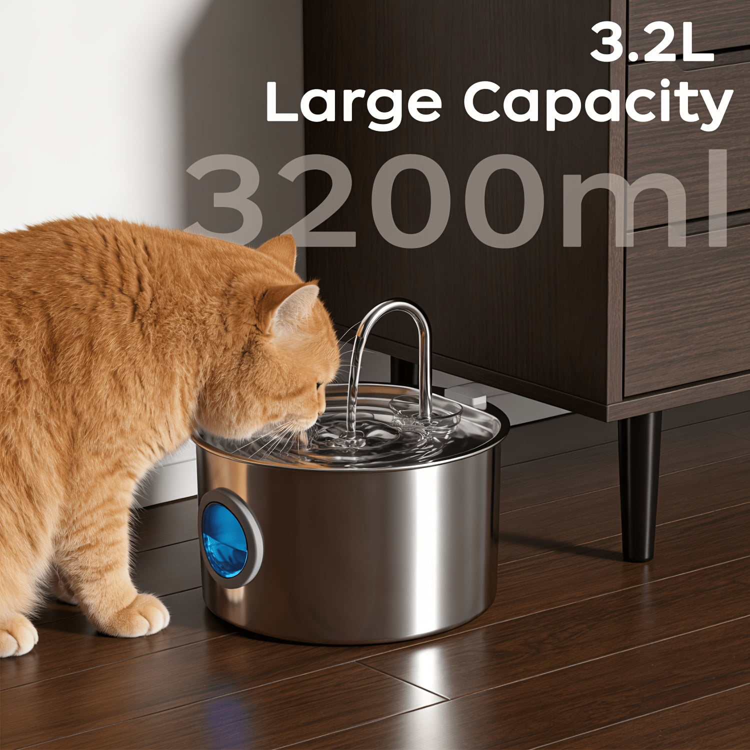 3.2L/108oz  Water Fountain Stainless Steel, Automatic Pet Water Dispenser, Ultra Quiet pump, Visible Water Level, Filtered Drinking Fountain for Cats