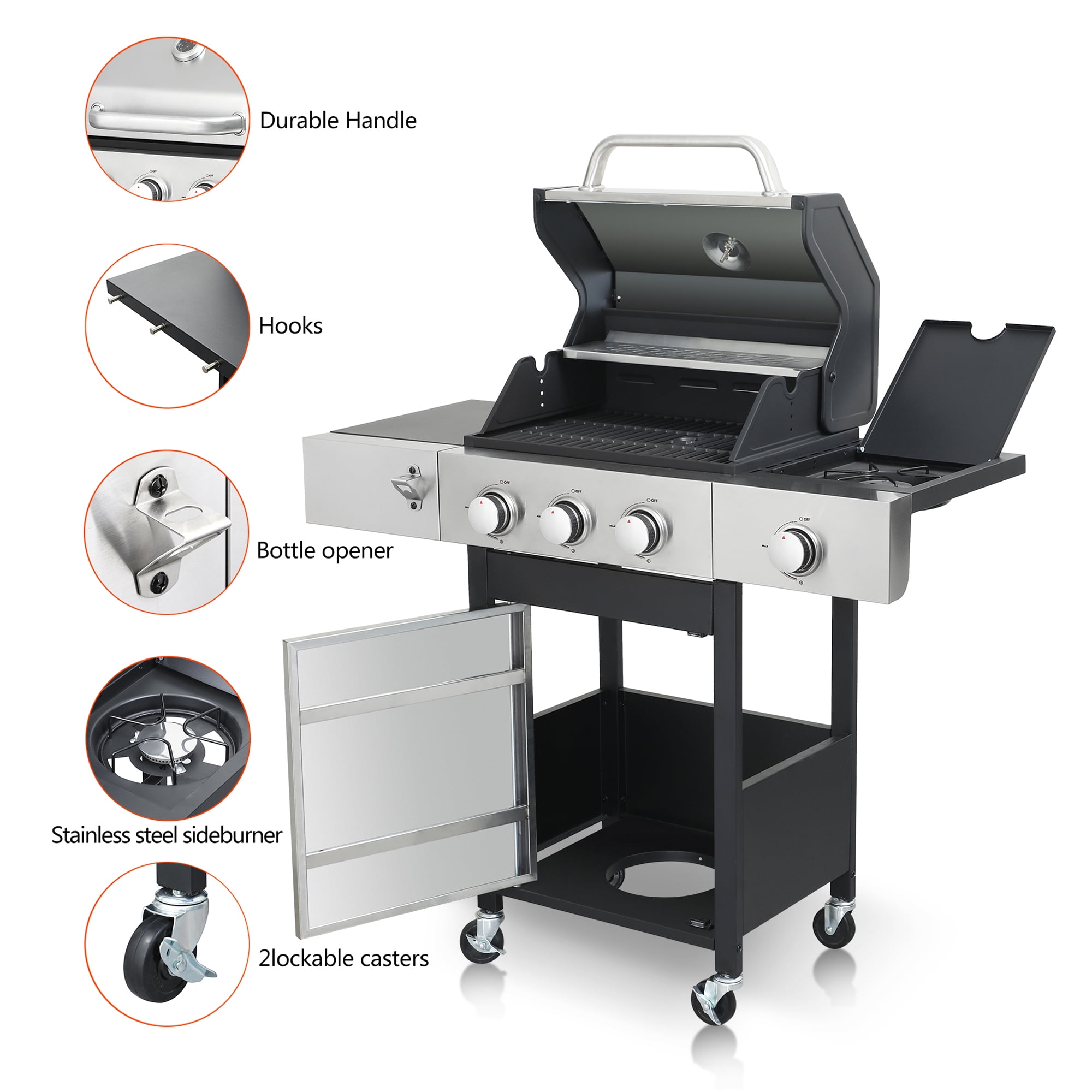 Miniyam 3 Burners BBQ Propane Gas Grill with Side Burner for Outdoor Barbecue, 37230 BTU Output
