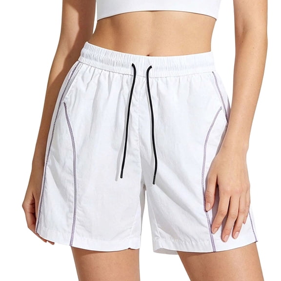 Rggeeun Women'S Shorts Solid Color Elastic Waist Front Seam Wide Leg Relaxed Fit Pleated With Adjustable Tie & Side Pockets For Splash Fun Bottoms,White,L