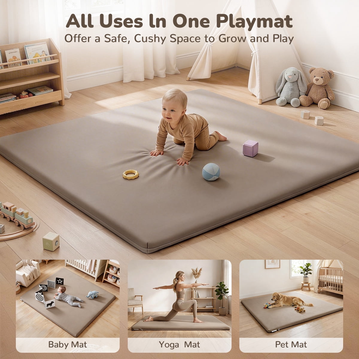 Baby Play Mat, Caveen Vegan Leather Baby Playpen Mat, Thicken Soft Crawling Mat for Infant, Wipe-Clean, 50"x 50", Taupe