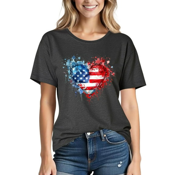 PXLKNZH American Flag Tee Shirt Womens Short Sleeve 4th of July Patriotic Graphic Tees 2025 Summer Independence Day Crew Neck Blouses Vacation Sale,Black,L