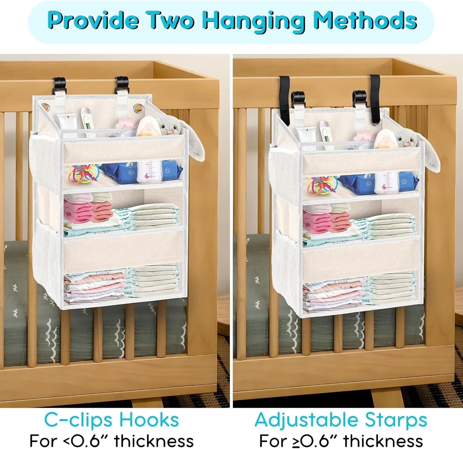 Hanging Diaper Organizer for Changing Table,Cribs,Car,Playard or Wall & Nursery Organization, 2-Tier Diaper Organizer- Hold 90+ Diapers, Beige