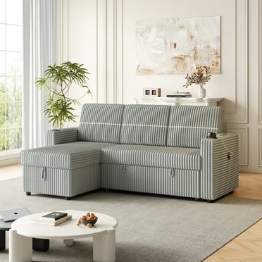 Miekor Furniture 85 Inches Corduroy Sofa Bed, 3 Seater Sleeper Sofa With Storage Chaise, Square Handrail With Two Cup-Holder And Usb Charge Port, Pull Out Couch For Living Room 00269