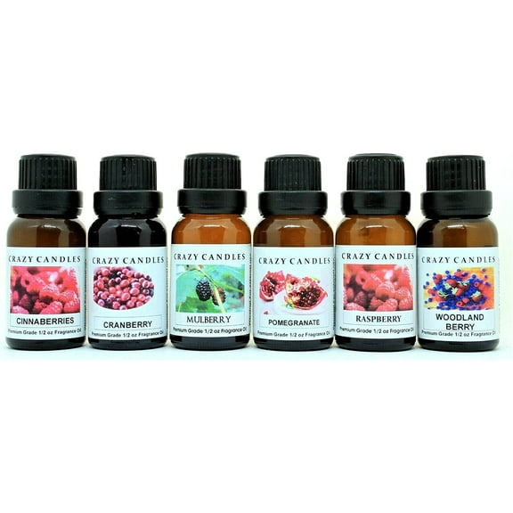 Crazy Candles 6 Bottles Set, 1 Cinnaberries, 1 Cranberry, 1 Mulberry, 1 Pomegranate, 1 Raspberry, 1 Woodland Berry 1/2 Fl Oz Each (15ml) Premium Fragrance Oils (Made in USA)