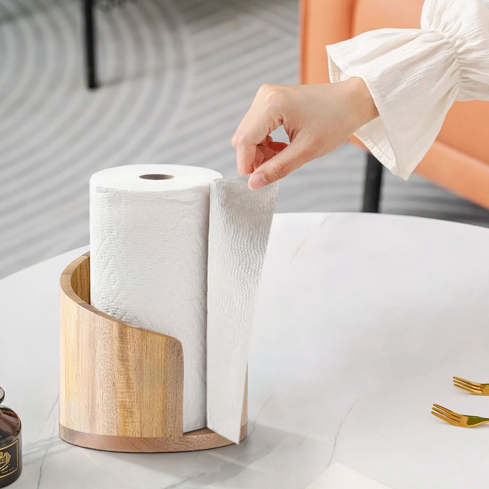 Farmhouse Style Paper Towel Holder Countertop Stand with Wood Base for Kitchen Bathroom, One-Handed Tear Dispenser, Freestanding Roll Holder for Standard and Jumbo Rolls, Rustic Home Decor
