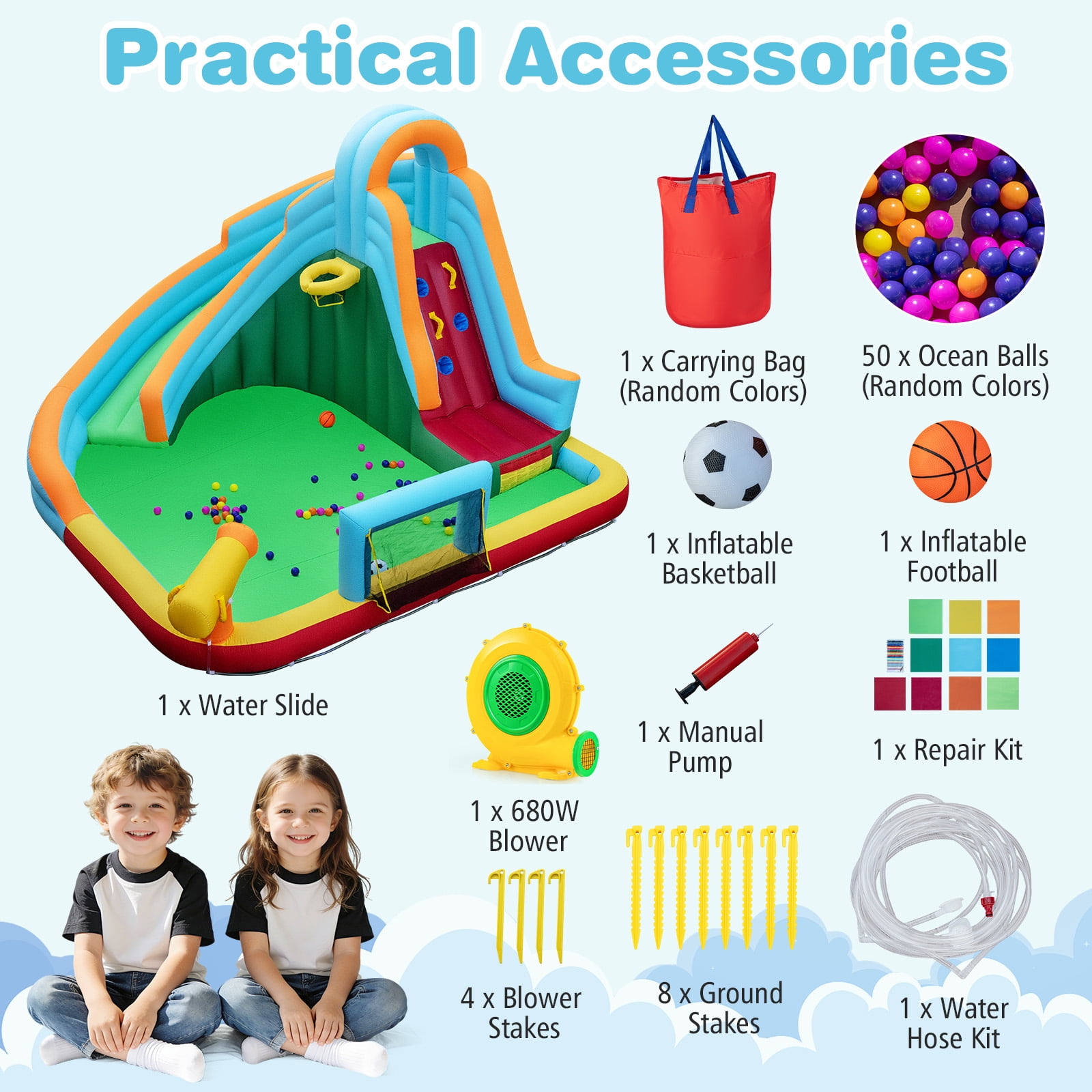 Gymax 6-in-1 Inflatable Water Slide Park w/Long Slide Climbing Wall 680W Blower
