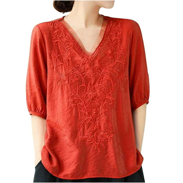 fheaev Chemise en Coton et Lin pour Femmes Hauts de Sortie Mode d'Été pour Femmes Manches Raccourcies Col Rond Ligne en Coton Chemise Ample Blouse