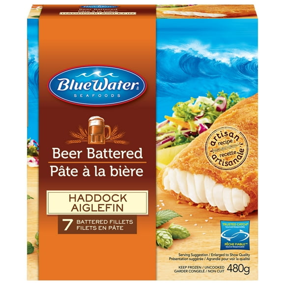 BlueWater Seafoods Beer Battered Haddock, Wild Caught Haddock, Frozen, 7 Count, 480 g, Beer battered wild-caught haddock fillets