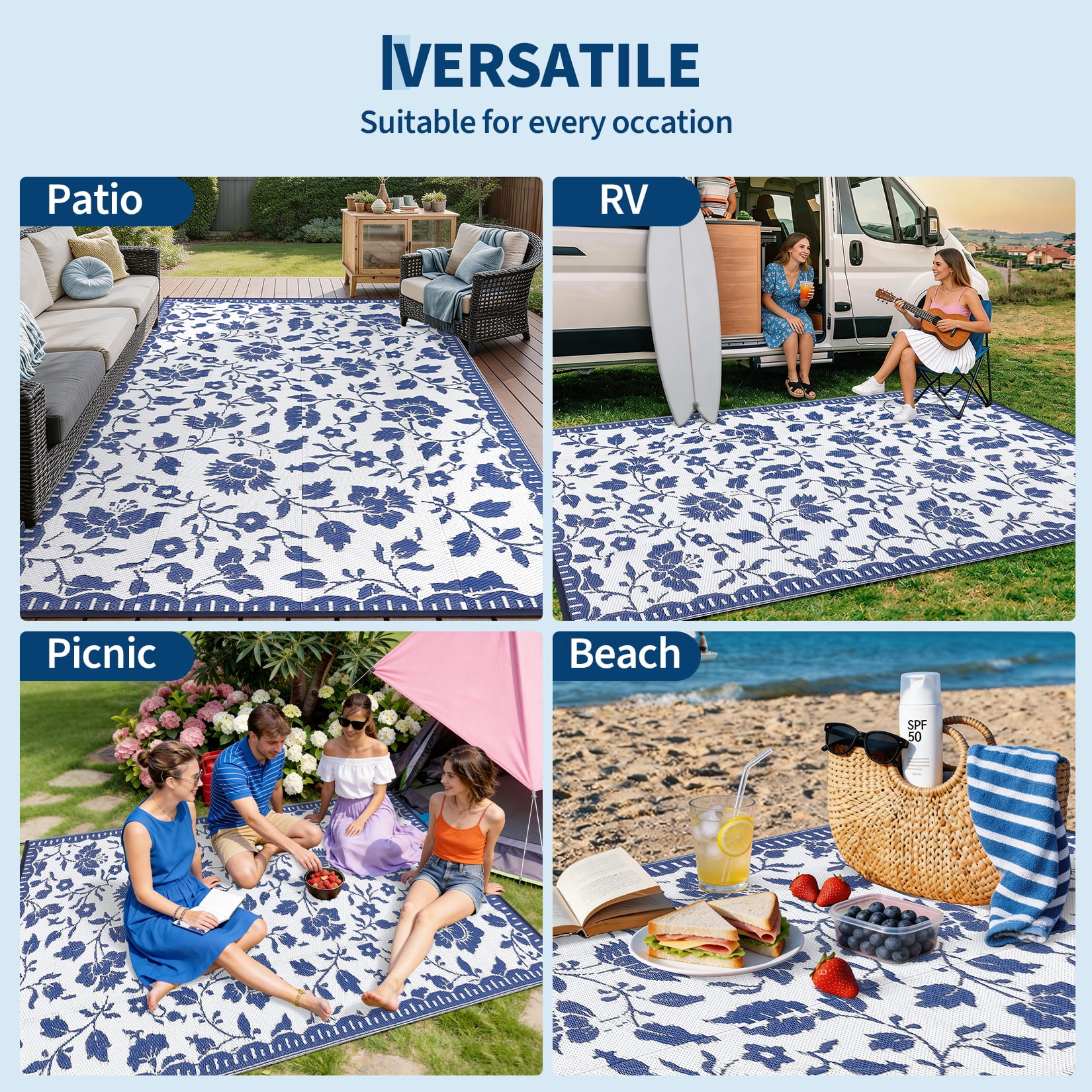 Garvee 5'x8' Outdoor Rug Waterproof Floral Camping Carpet, Reversible Plastic Straw Rug Outdoor Rug for Patio RV Balcony Backyard, Dark Blue
