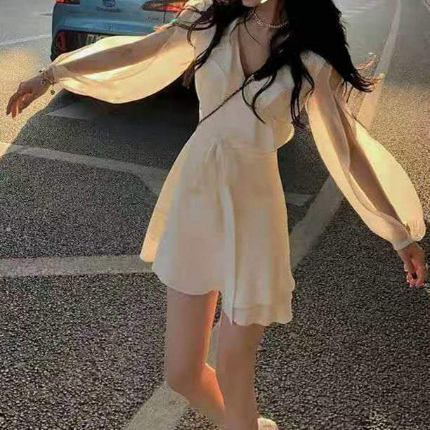 Vestido corto con cuello en V,Vestido corto para mujer