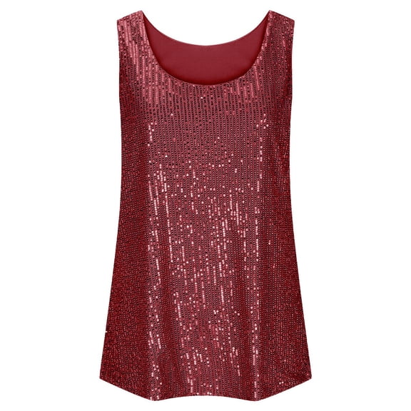 Wang6 Women Sequin Loose Fit Camisole Trendy Sleeveless Sparkle Cami Tank Tops Plus Size Crew Neck Summer Tunic Shirts Tees Red XL