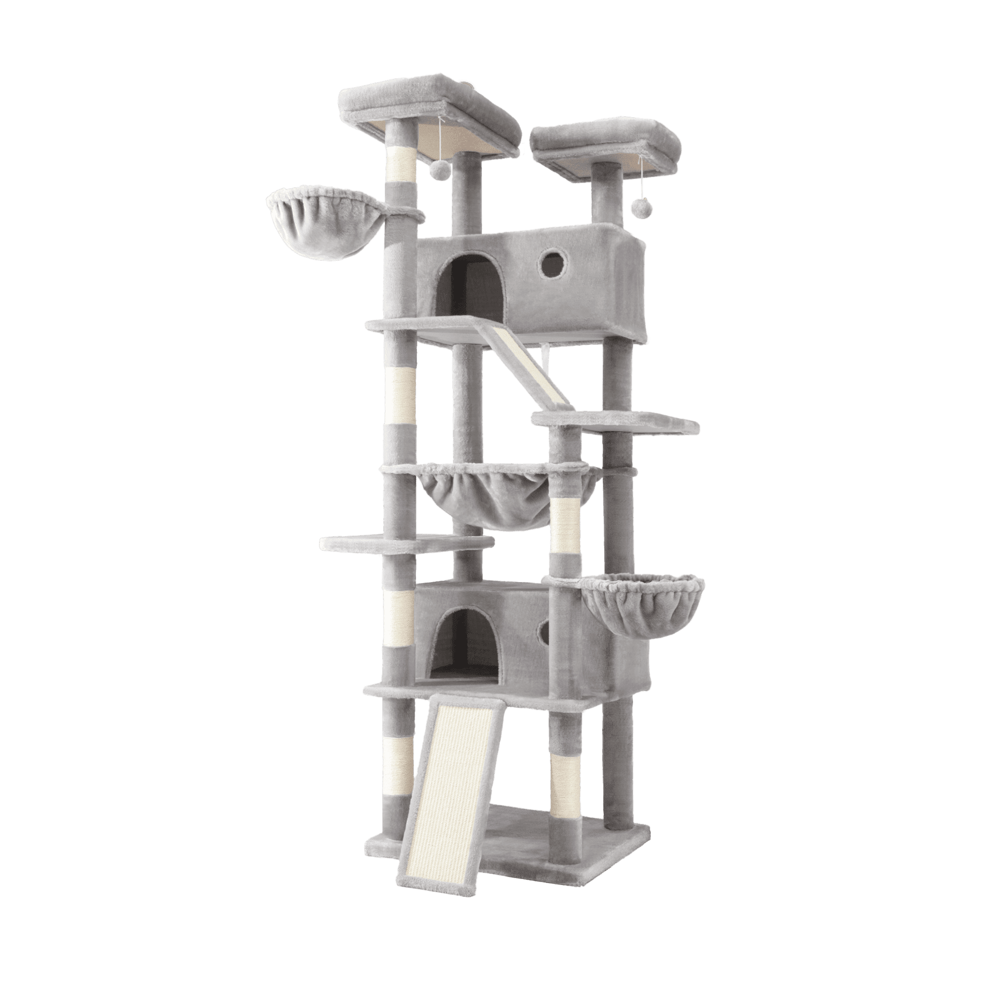 Amolife 81" Large Cat Tree Tower for Large Cats with Cat Condo Hammock, 2 Scratching Ramps, 6 Scratching Posts, Grey