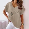 thumbnail image 2 of WREESH Women's Cotton Linen V-Neck T-Shirt Casual Short Sleeve Graphic Tee with Batwing Sleeves Khaki, 2 of 5