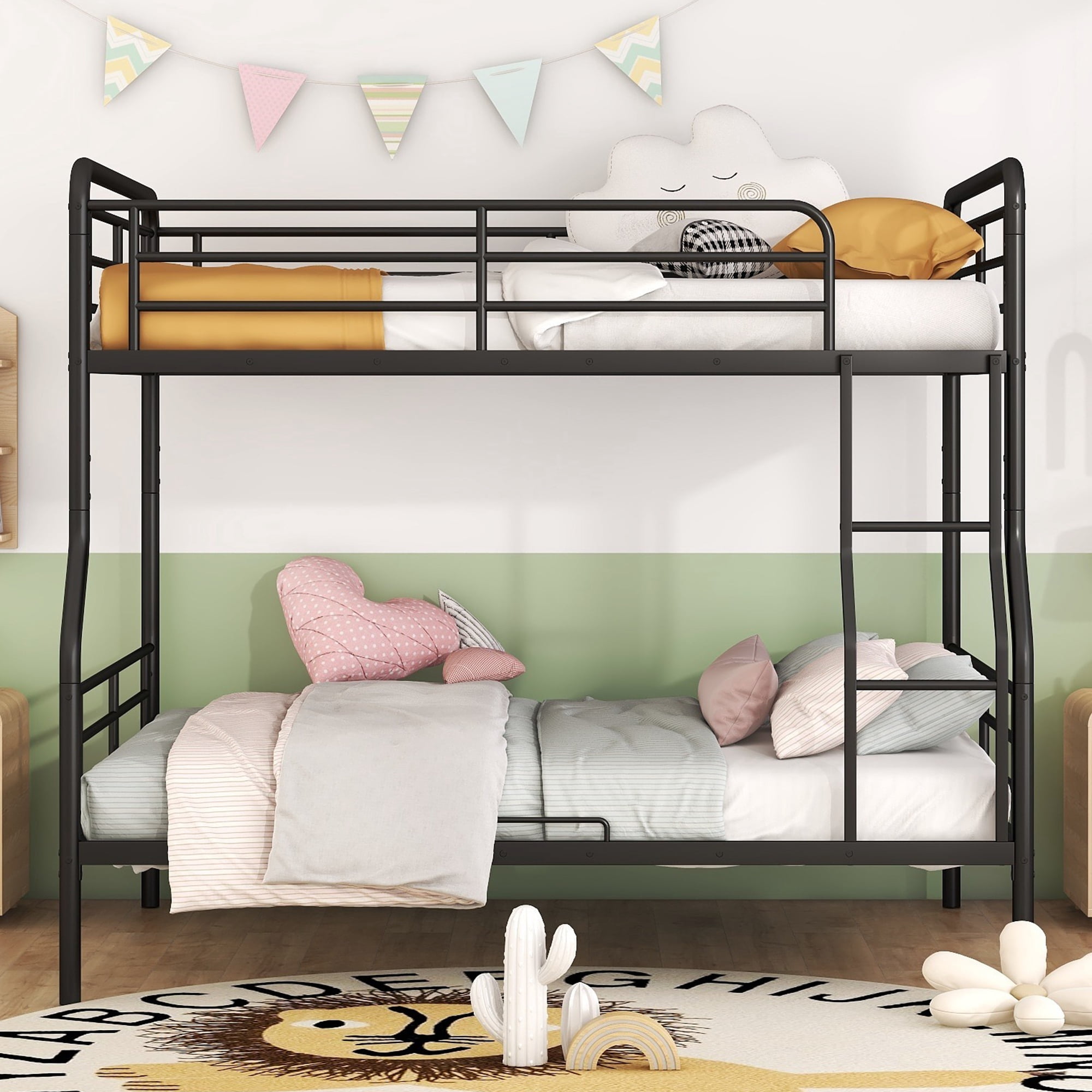 Full XL Over Queen Bunk Bed,Heavy Duty Metal Bed Frame Sturdy Guard Rail for Kids/Adults,Can be Divided Into Two Beds,Black