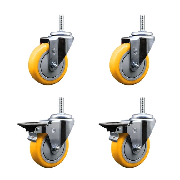4 Inch Yellow Poly Wheel Swivel 3/4 Inch Threaded Stem Caster Set 2 Brakes