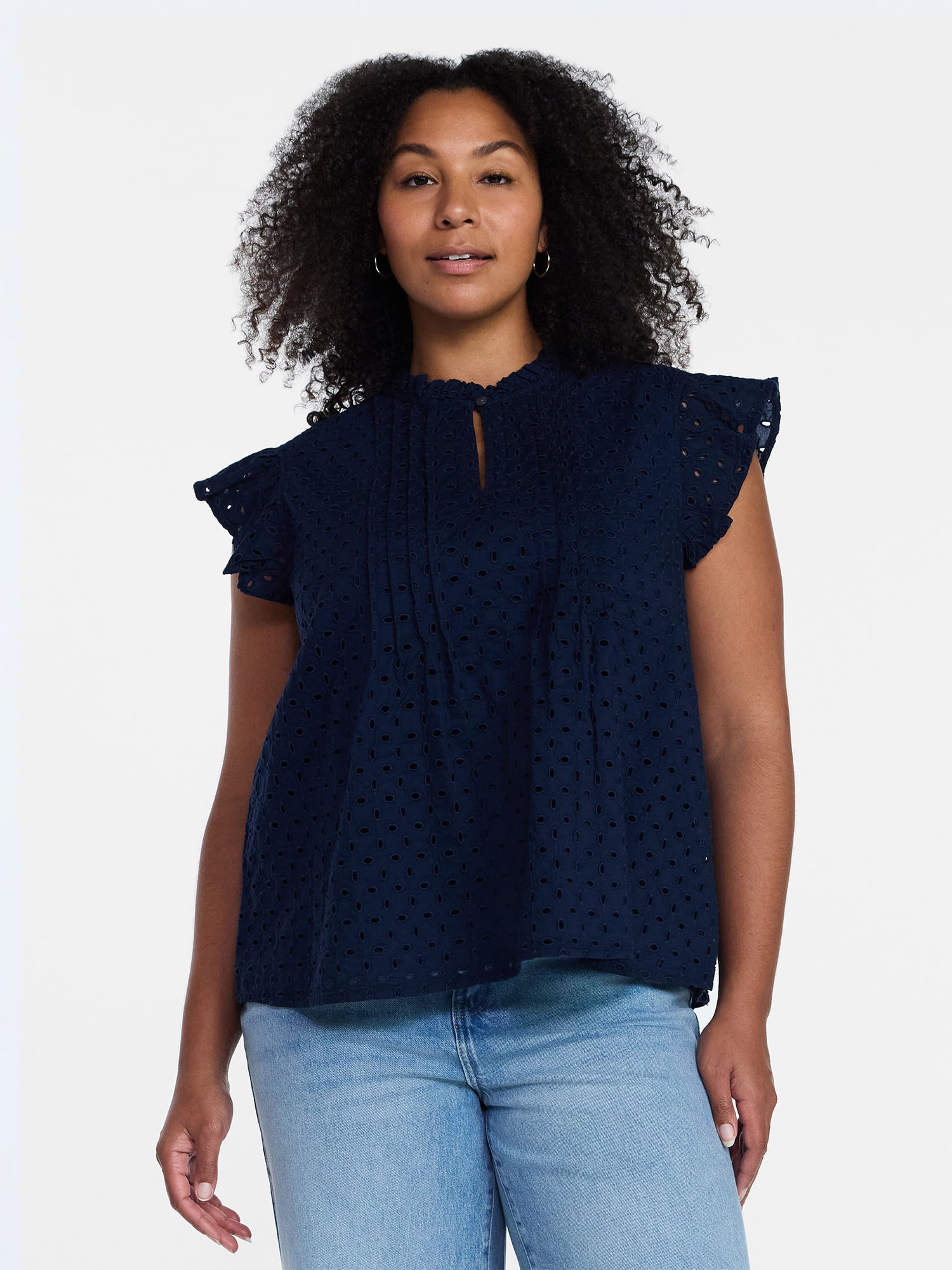 Time and Tru Women's Cotton Eyelet Top with Short Flutter Sleeves, Sizes XS-XXXL