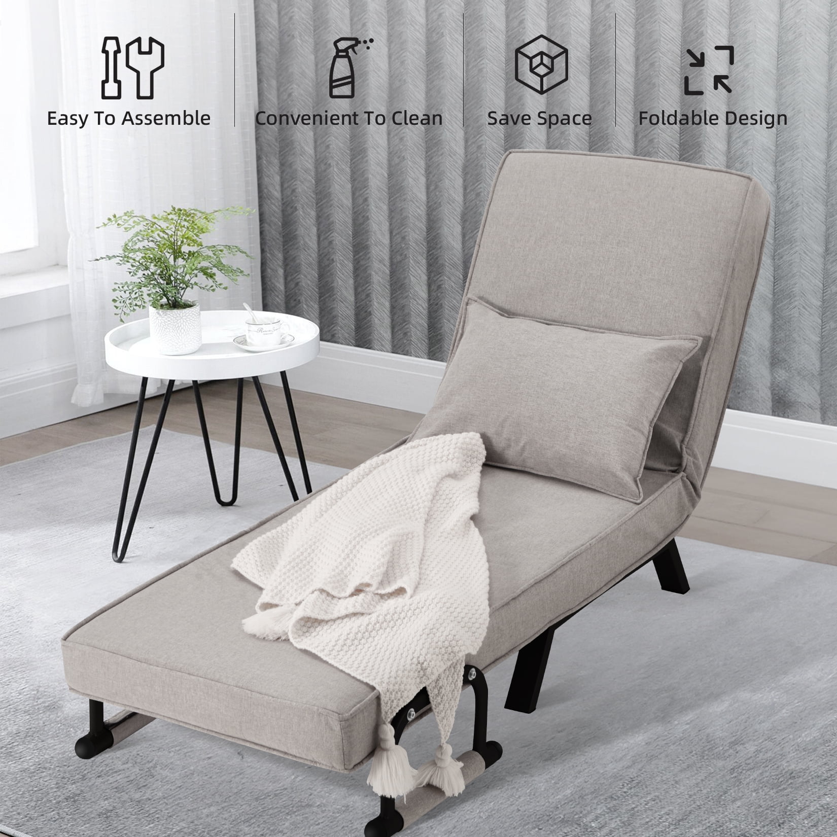Avocahom Convertible Sofa Bed Sleeper Chair,6 Angles Adjustable Backrest, Single Person Chaise Lounge Couch w/ Pillow, Folding Bed for Overnight Guests, Foldable Sofa Arm Chair for Office, Light Gray
