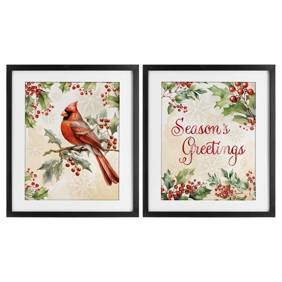 Stupell Industries Season's Greetings and Cardinal 2 Piece Black Framed Print Under Glass Set, design by Nicole DeCamp, 16 x 13