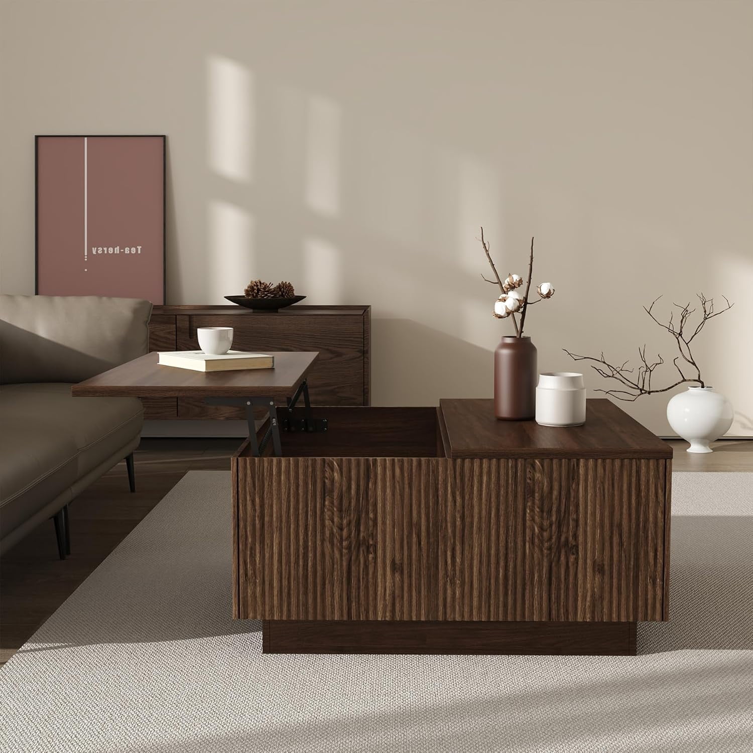 Lift Top  Wood Coffee Table with Hidden Storage Compartment for Living Room, 31-Inch Farmhouse Fluted Center Tea Table with Wooden Lift-Top for Home, Apartment, Small Space, Brown Walnut