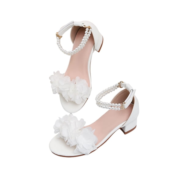 Girls' Pearl & Flower Heeled Sandals, Kids Open-Toe Block Heel Shoes, Girls Wedding Party Dance Sandals with Ankle Strap