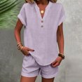 thumbnail image 3 of 2 Piece Short Sets for Women Linen Short Sleeve Outfits Casual Summer Shorts Set with Pockets,Purple S, 3 of 5