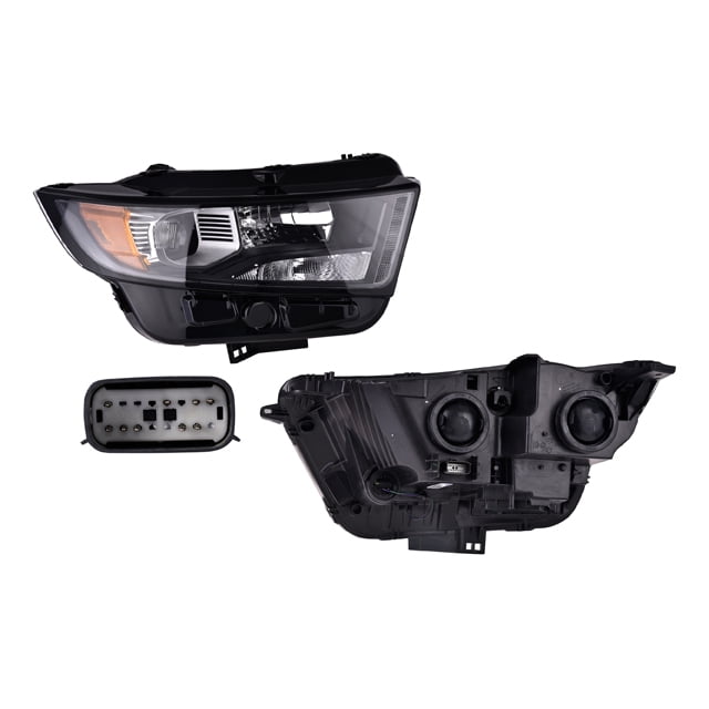 faro edge 2015 al 2017 ford derecho/pasajero depo - faro delantero derecho DEPO para Ford Edge 2015–2017, vista frontal y posterior del ensamble en carcasa negra con reflector y cavidad para foco xenón (foco no incluido), con conector eléctrico visible y número de parte 451209-7551815, diseñado para reemplazo de iluminación automotriz.